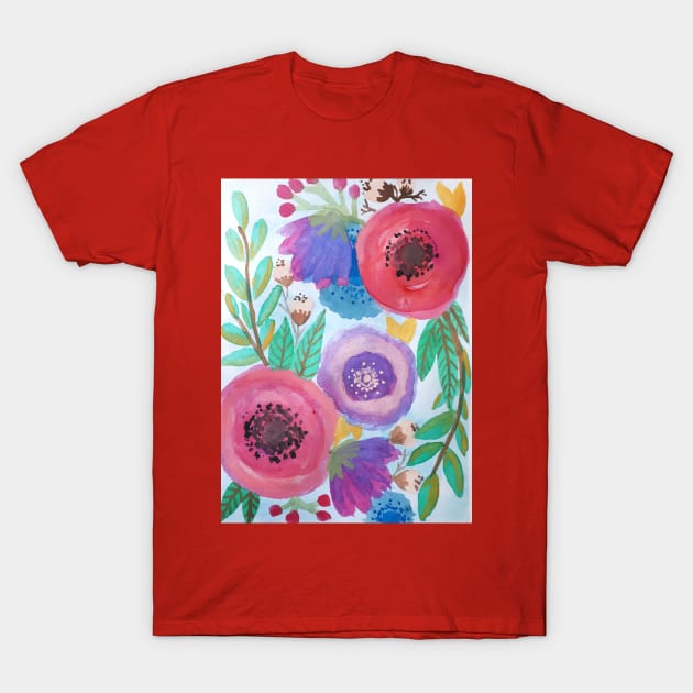 Watercolor red and purple flowers and leaves T-Shirt by SanMade